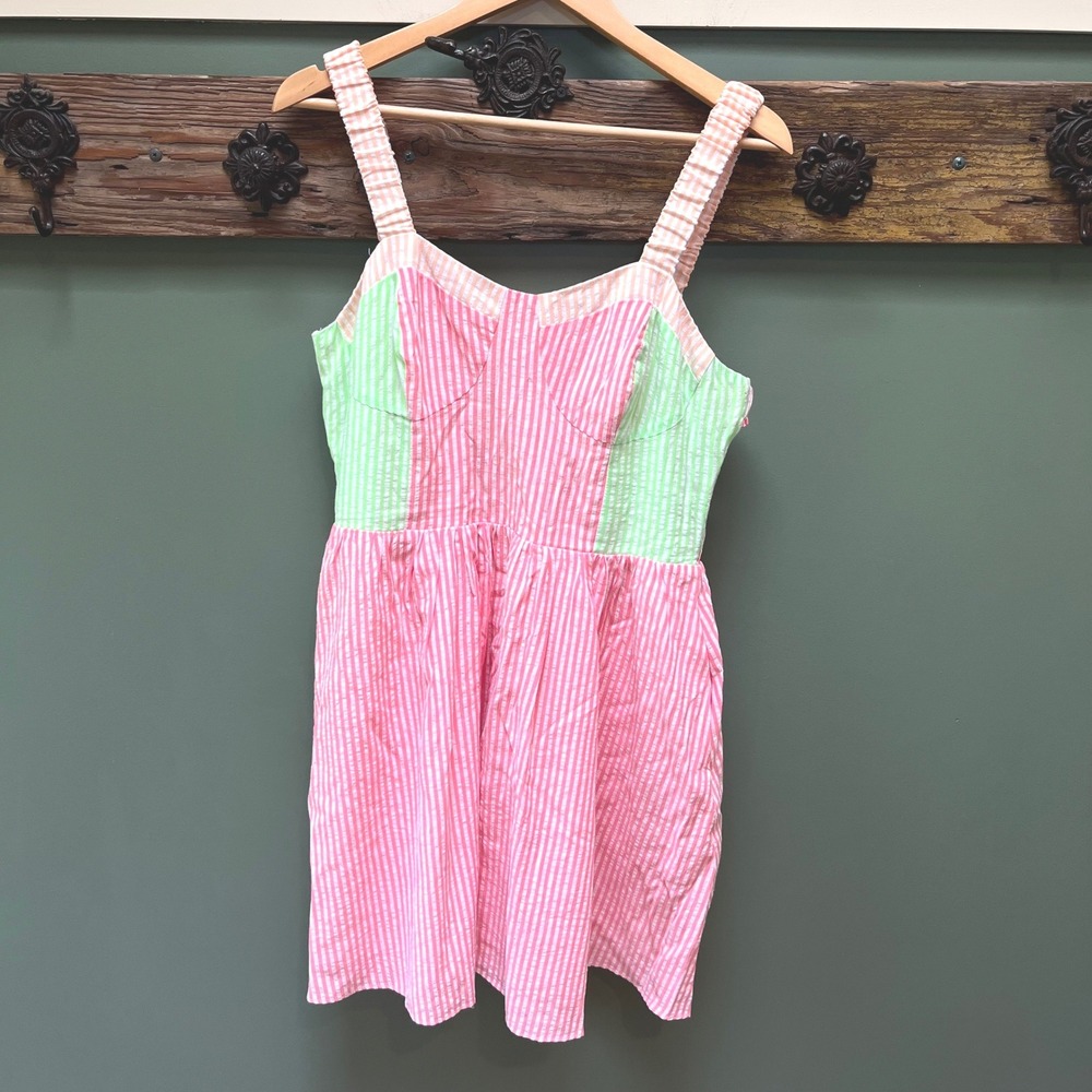 English Factory Womens Colorblock Seersucker Striped Mini Dress Pink Green L